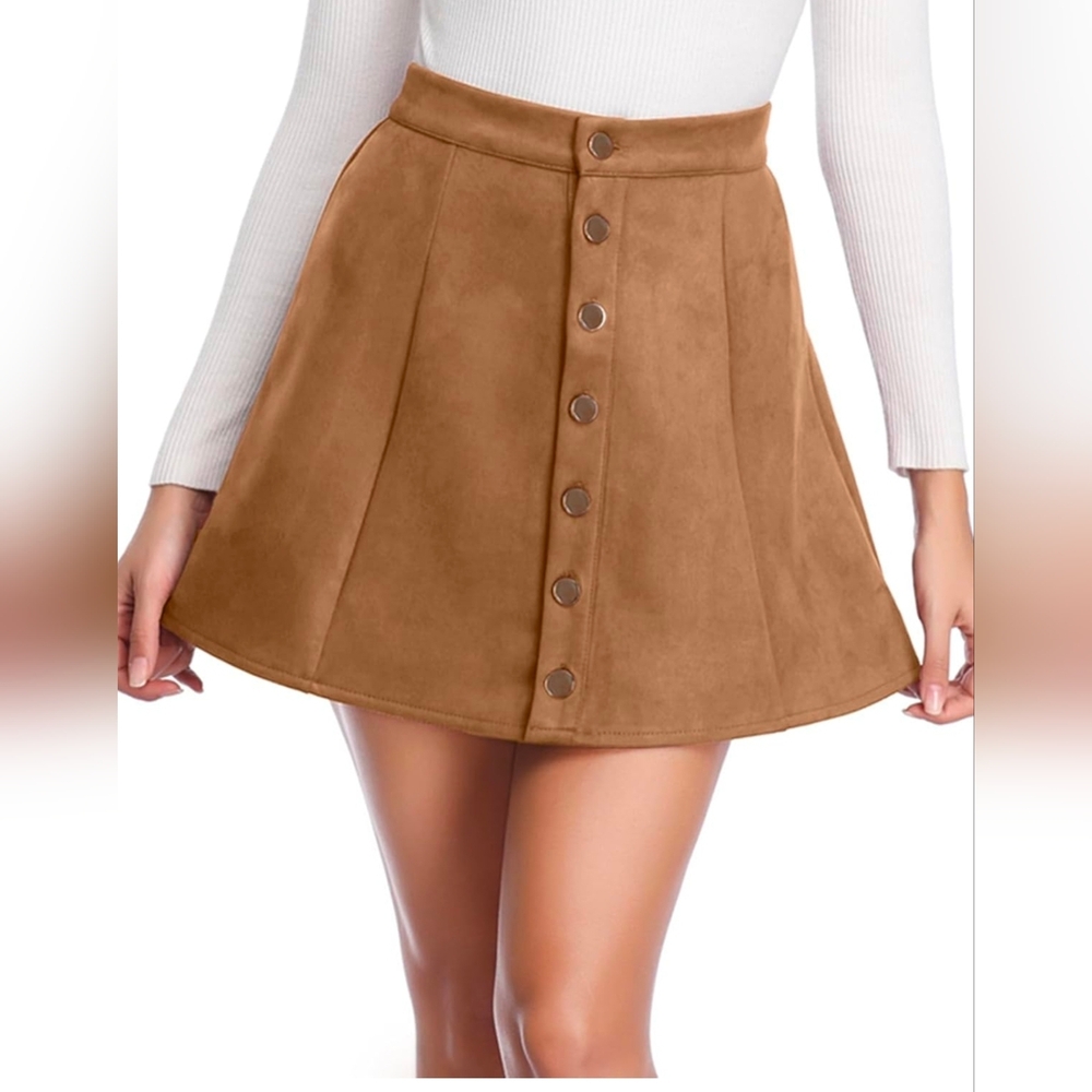 Fuinloth Women's Faux Suede Button Closure A-Line High Wasit Mini Short Skirt